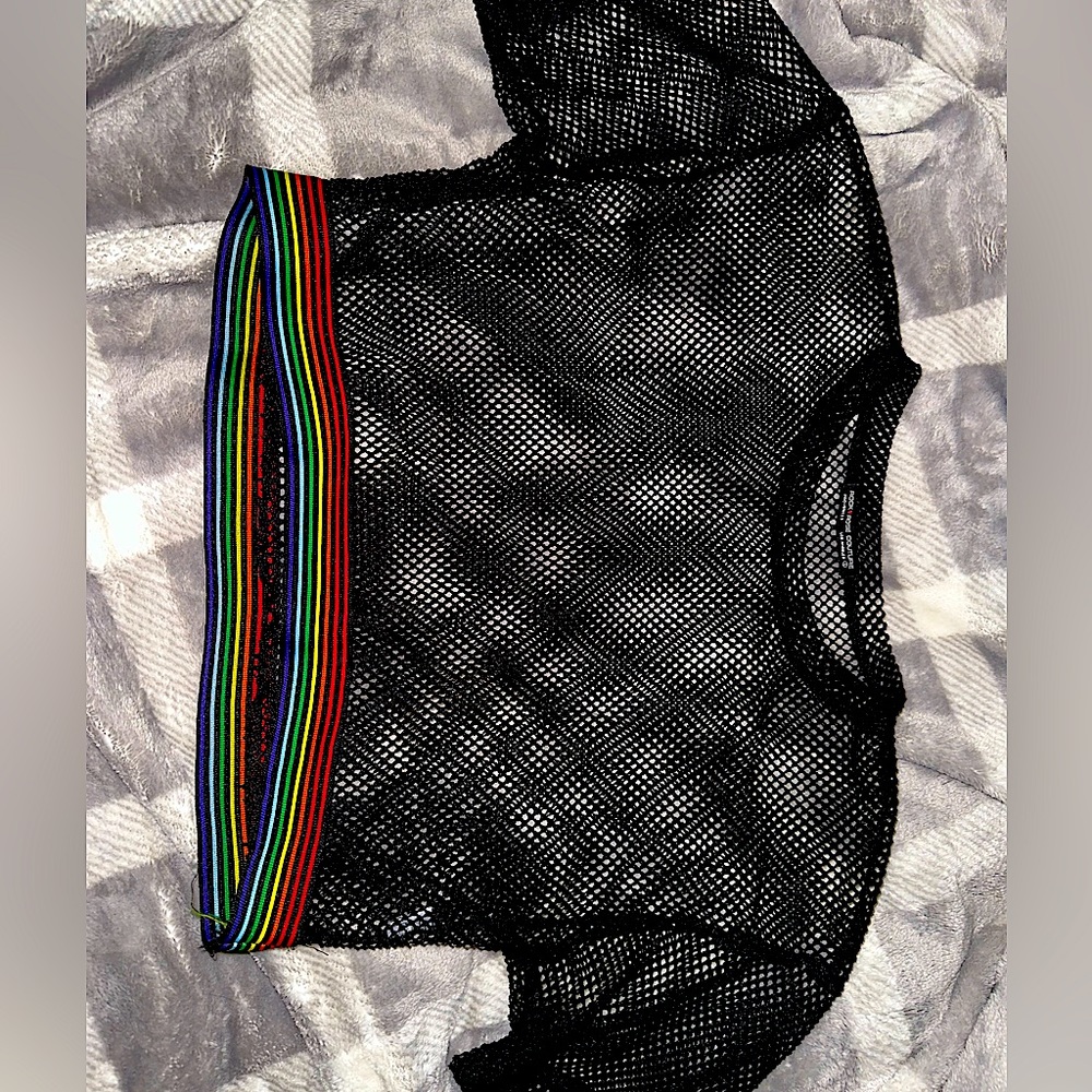 Rock Rose Couture black, small, cropped, see-through shirt with rainbow stripes